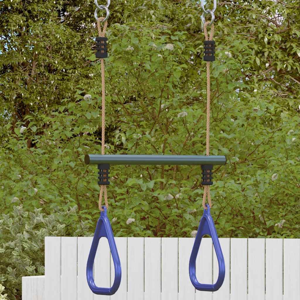 Barra trapecio con anillas de gimnasia niños acero azul y verde