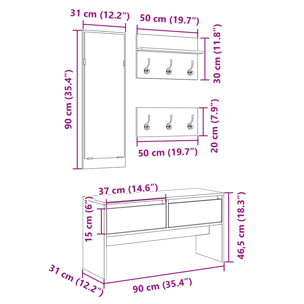Muebles de recibidor 4 piezas madera de ingeniería marrón roble