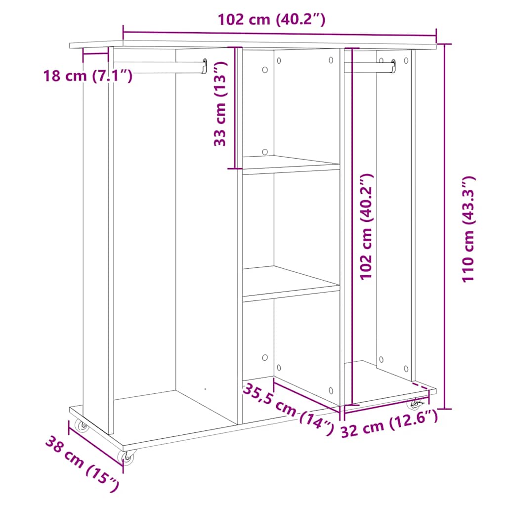 Armario con ruedas madera ingeniería gris hormigón 102x38x110cm