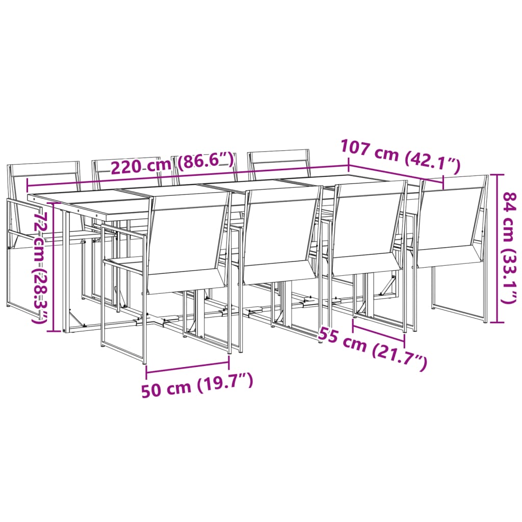 Juego de comedor para jardín 9 piezas textilene negro