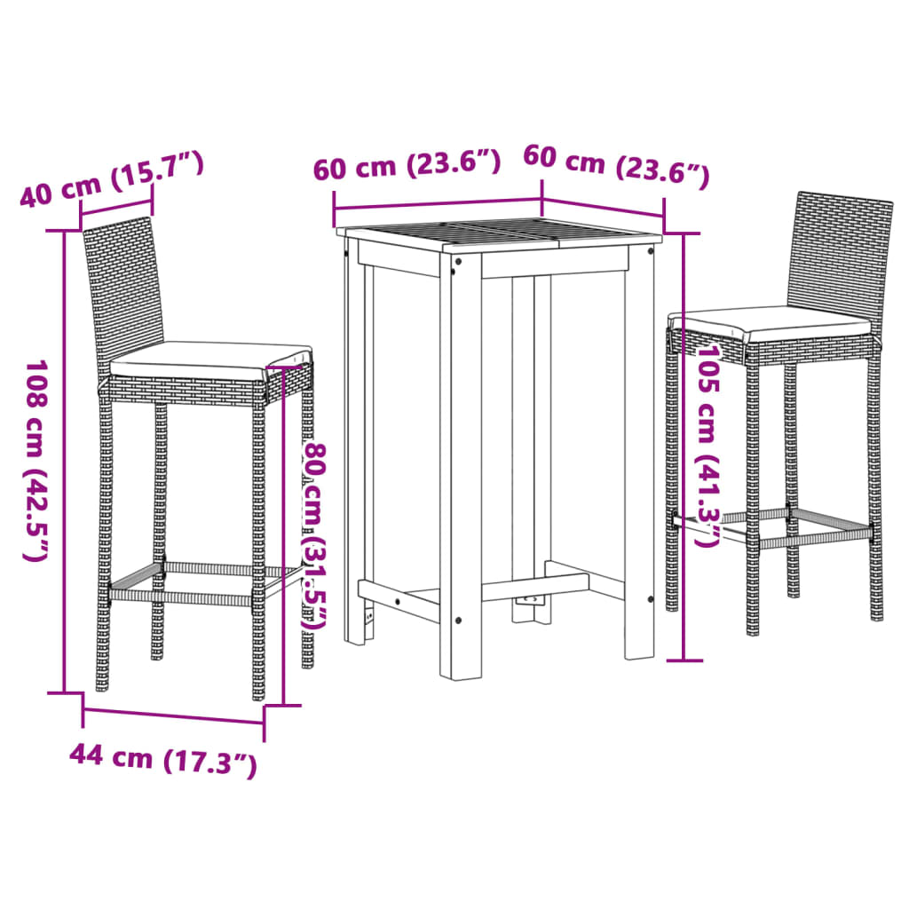 Mesa y taburetes de jardín 3 pzas madera acacia ratán PE gris