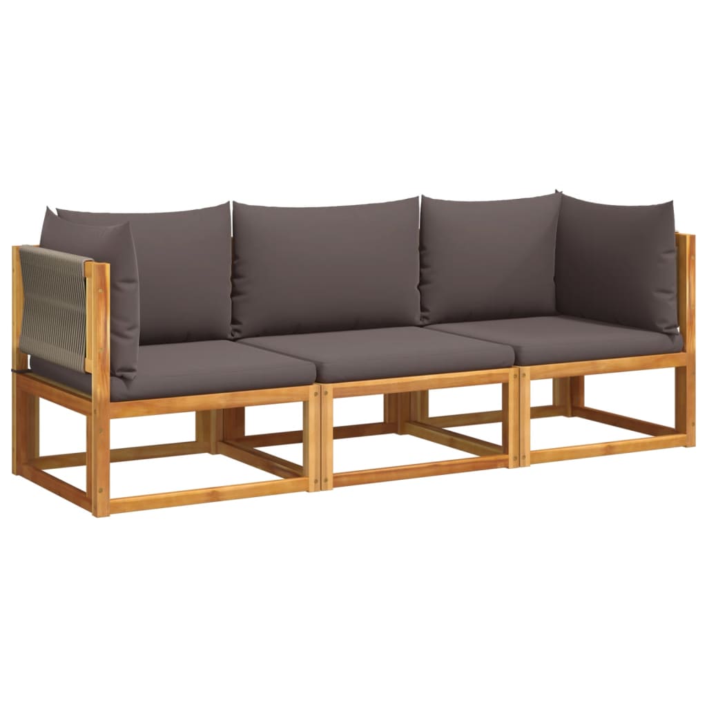 Conjunto de sofá de jardín de 3 piezas con cojines de madera de acacia y cuerda