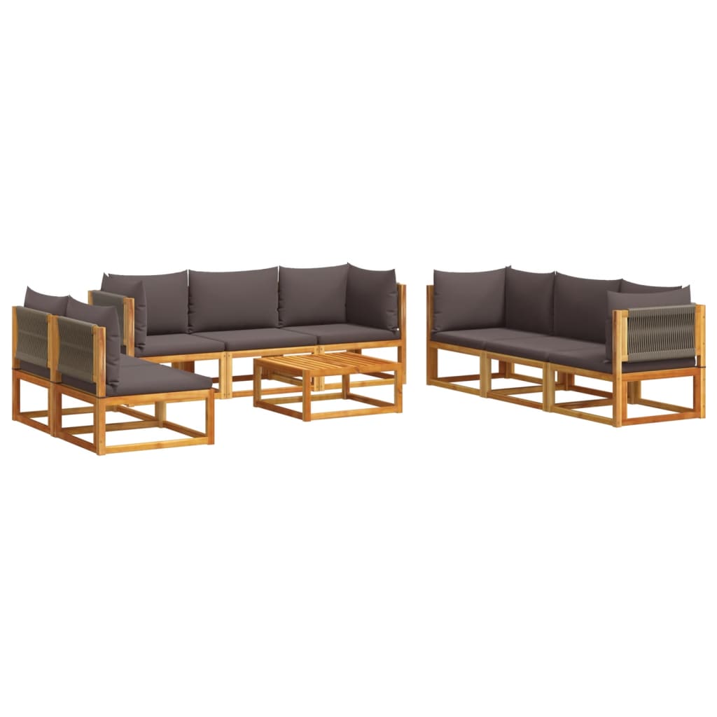 Conjunto de sofá de jardín de 9 piezas con cojines de madera de acacia y cuerda