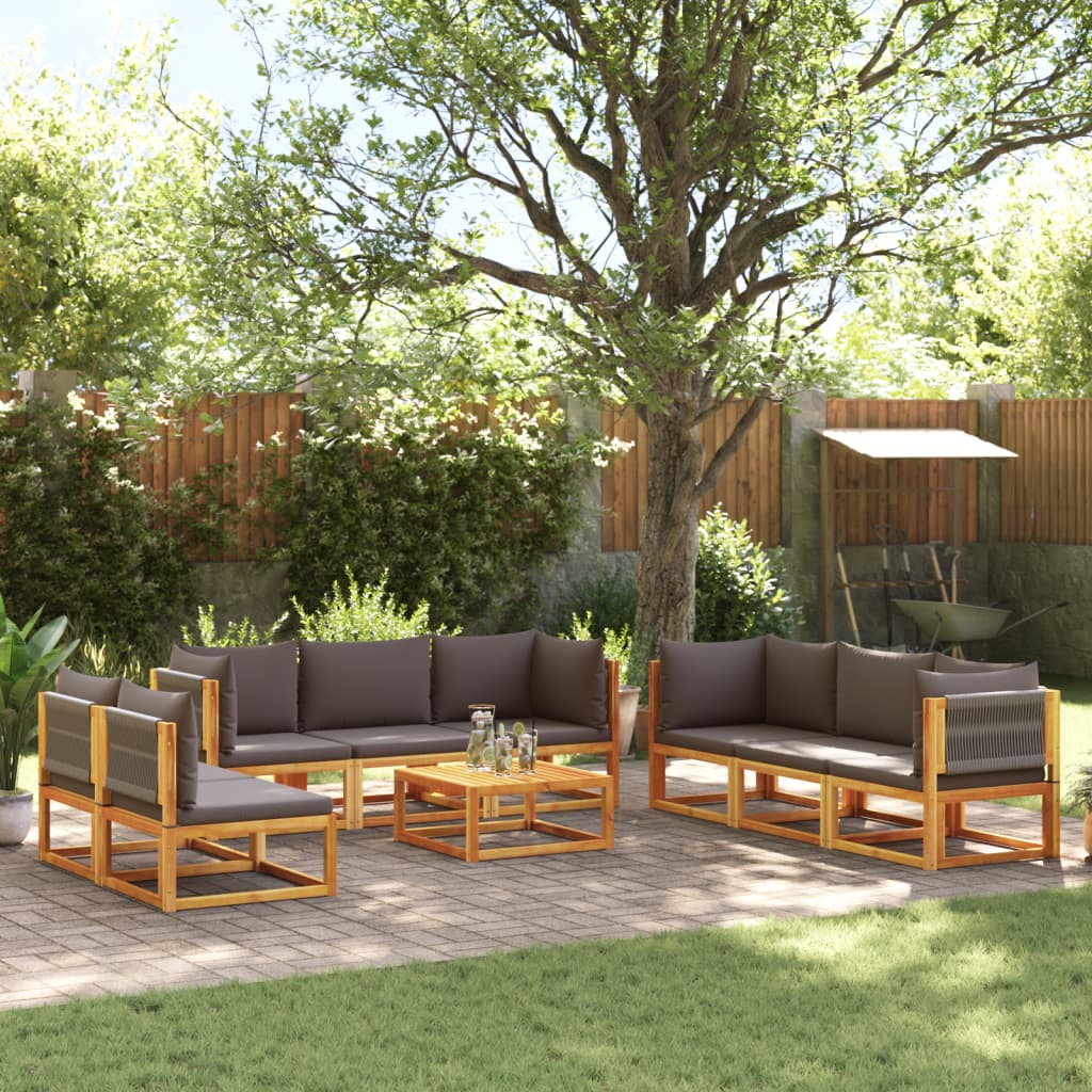 Conjunto de sofá de jardín de 9 piezas con cojines de madera de acacia y cuerda