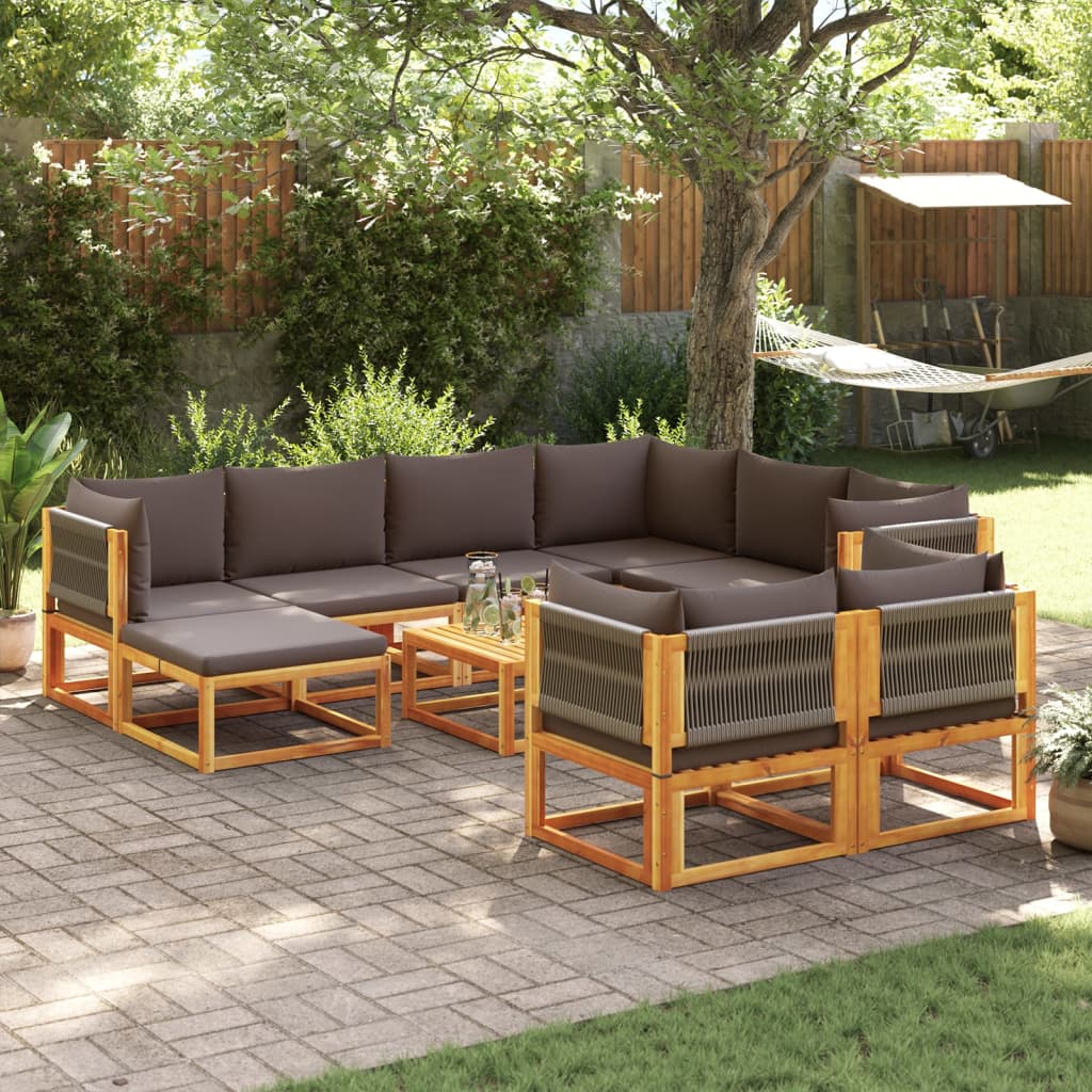 Conjunto de sofá de jardín de 10 piezas con cojines de madera de acacia y cuerda