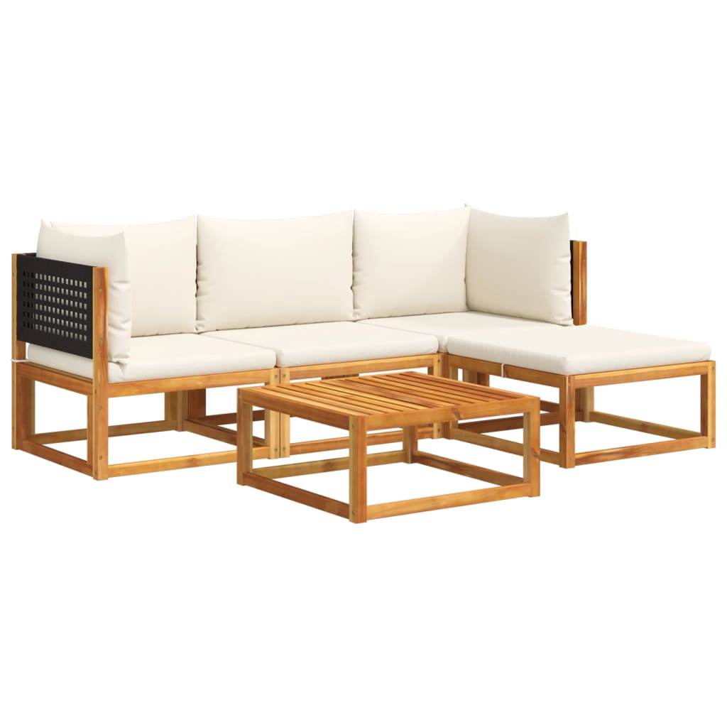 Conjunto de sofá de jardín de 5 piezas con cojines de madera de acacia y ratán