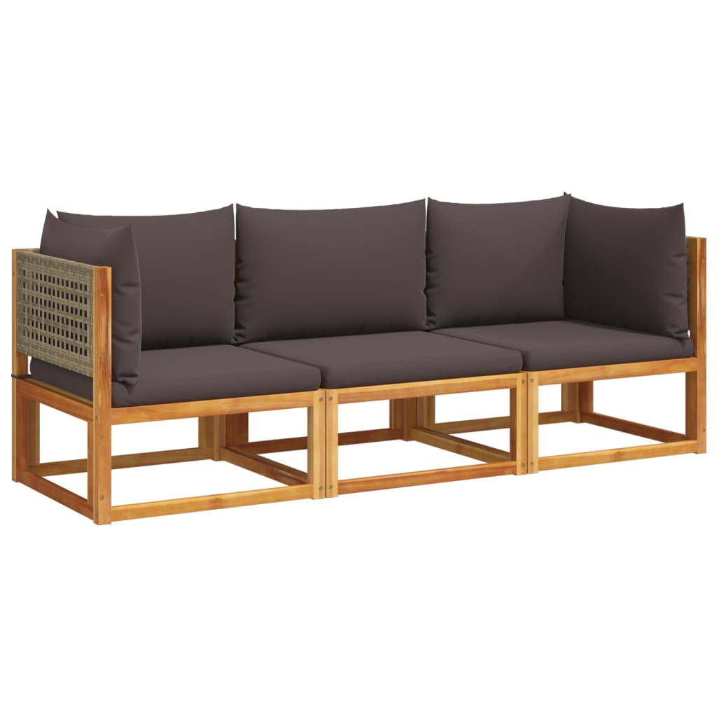 Conjunto de sofá de jardín de 3 piezas con cojines de madera de acacia y ratán
