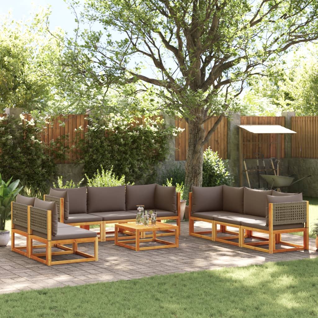 Conjunto de sofá de jardín de 9 piezas con cojines de madera de acacia y ratán