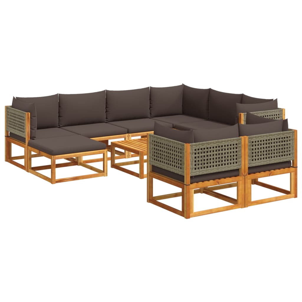 Conjunto de sofá de jardín de 10 piezas con cojines de madera de acacia y ratán