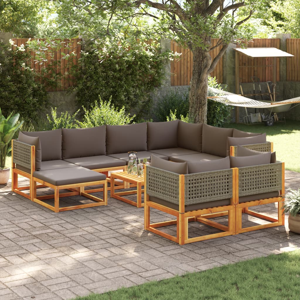 Conjunto de sofá de jardín de 10 piezas con cojines de madera de acacia y ratán