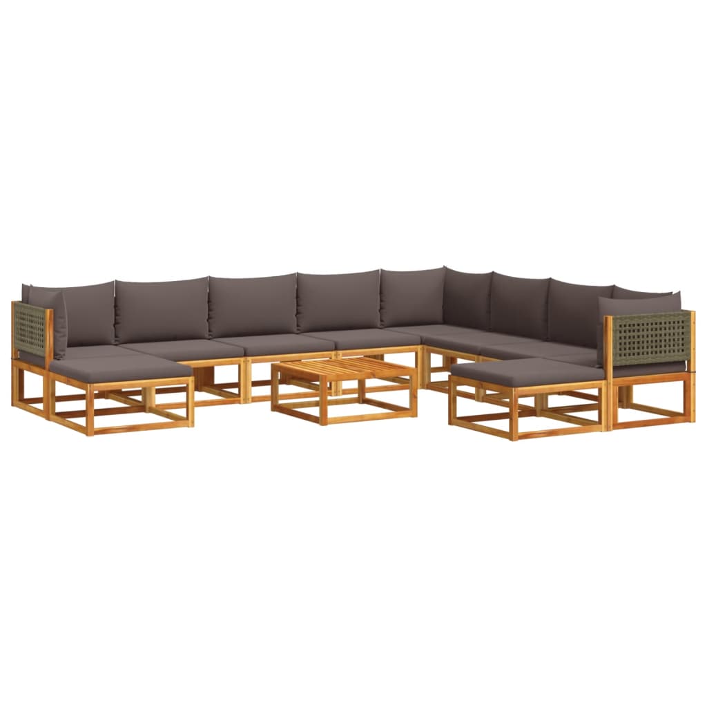 Conjunto de sofá de jardín de 11 piezas con cojines de madera de acacia y ratán