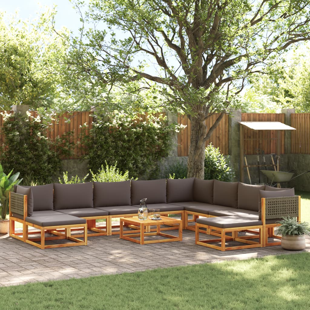Conjunto de sofá de jardín de 11 piezas con cojines de madera de acacia y ratán
