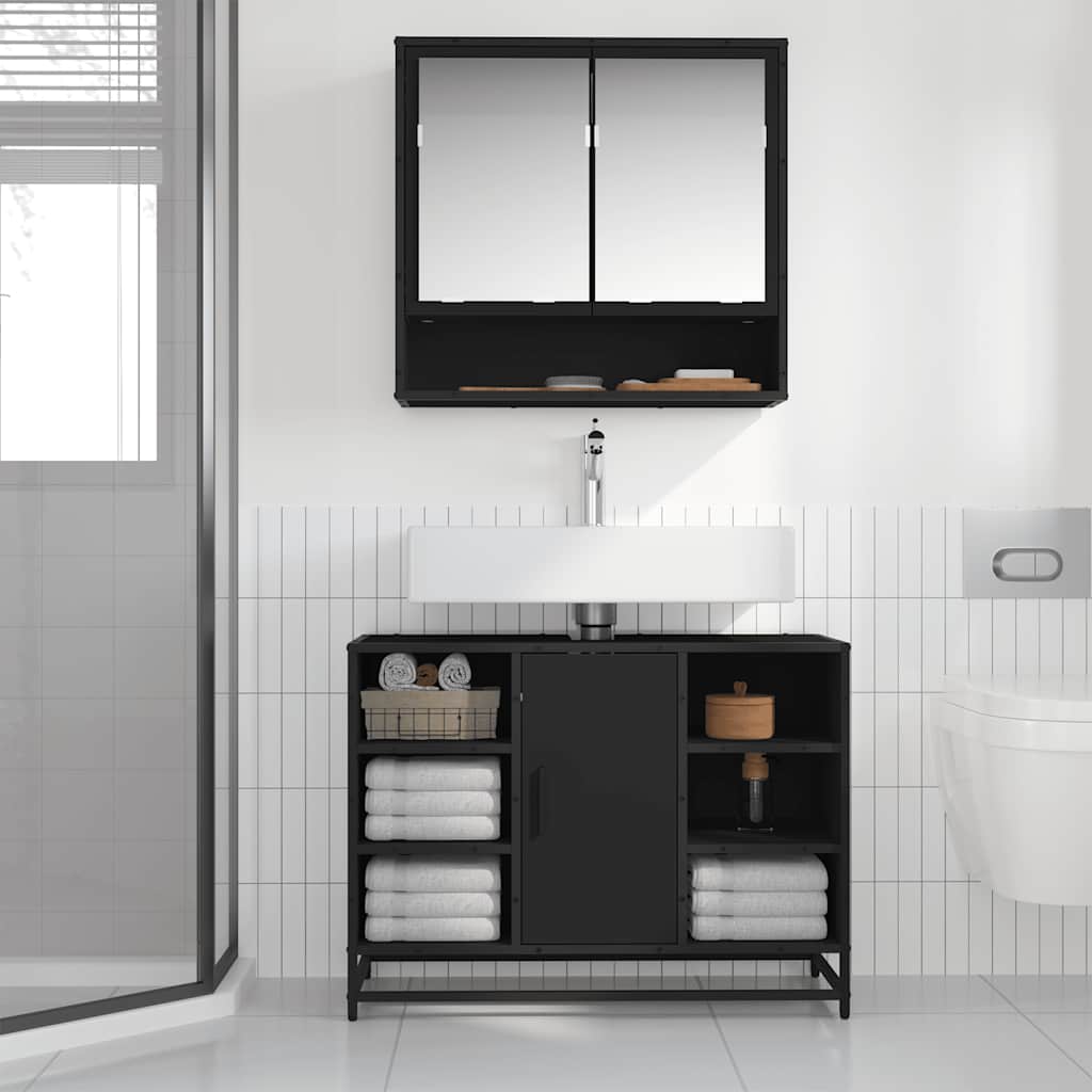 Armario de lavabo de baño madera ingeniería negro 80x33x60 cm