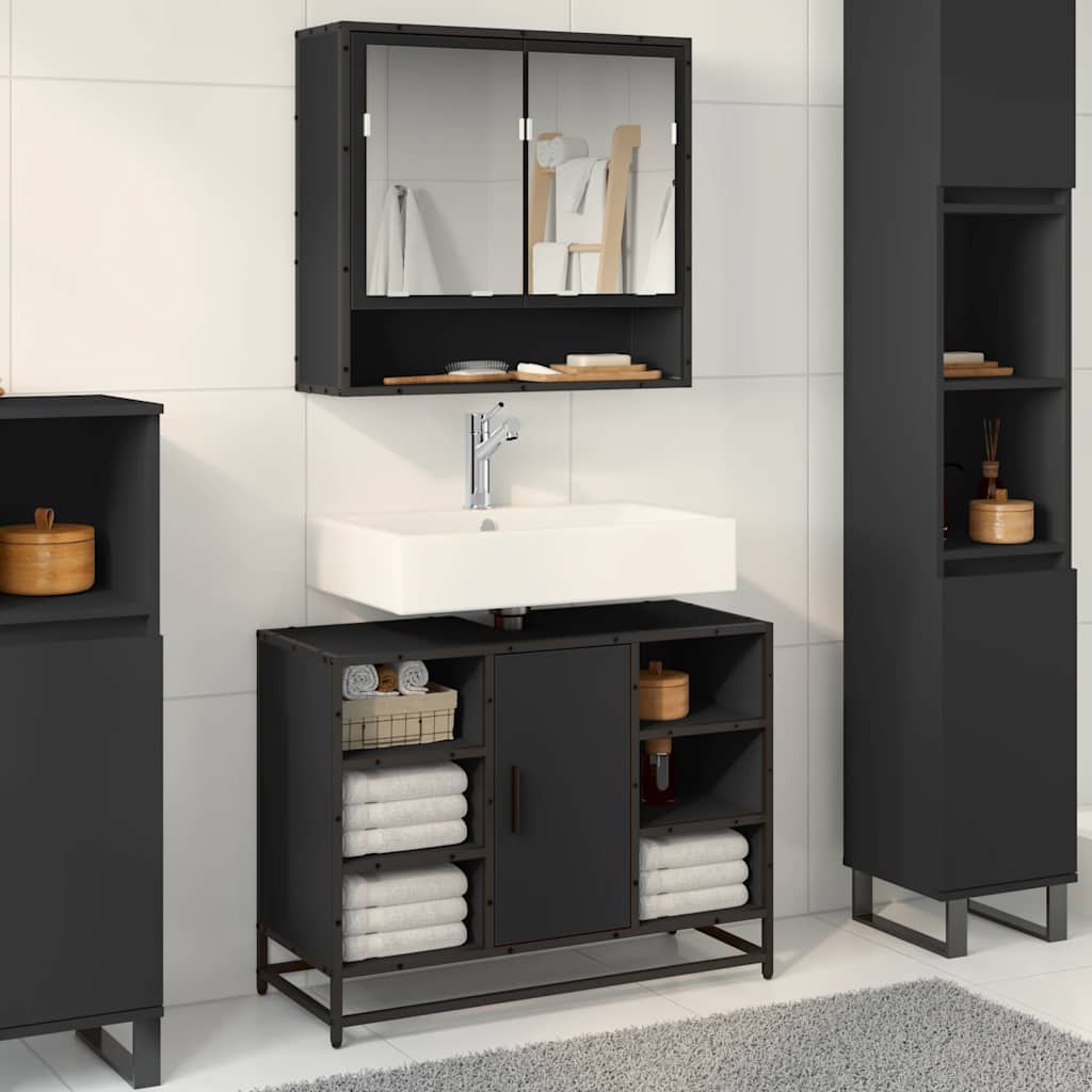 Armario de lavabo de baño madera ingeniería negro 80x33x60 cm