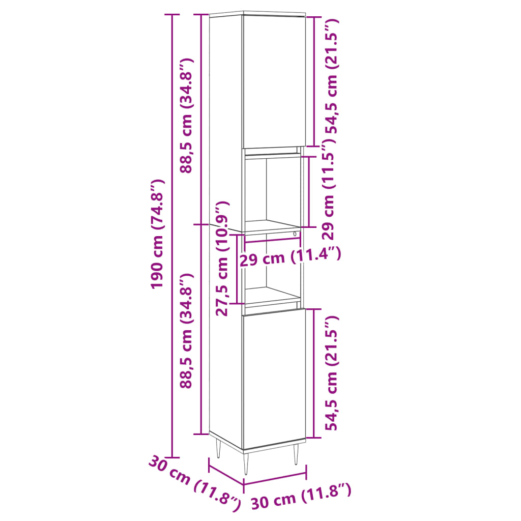 Armario de baño madera contrachapada roble Sonoma 30x30x190 cm