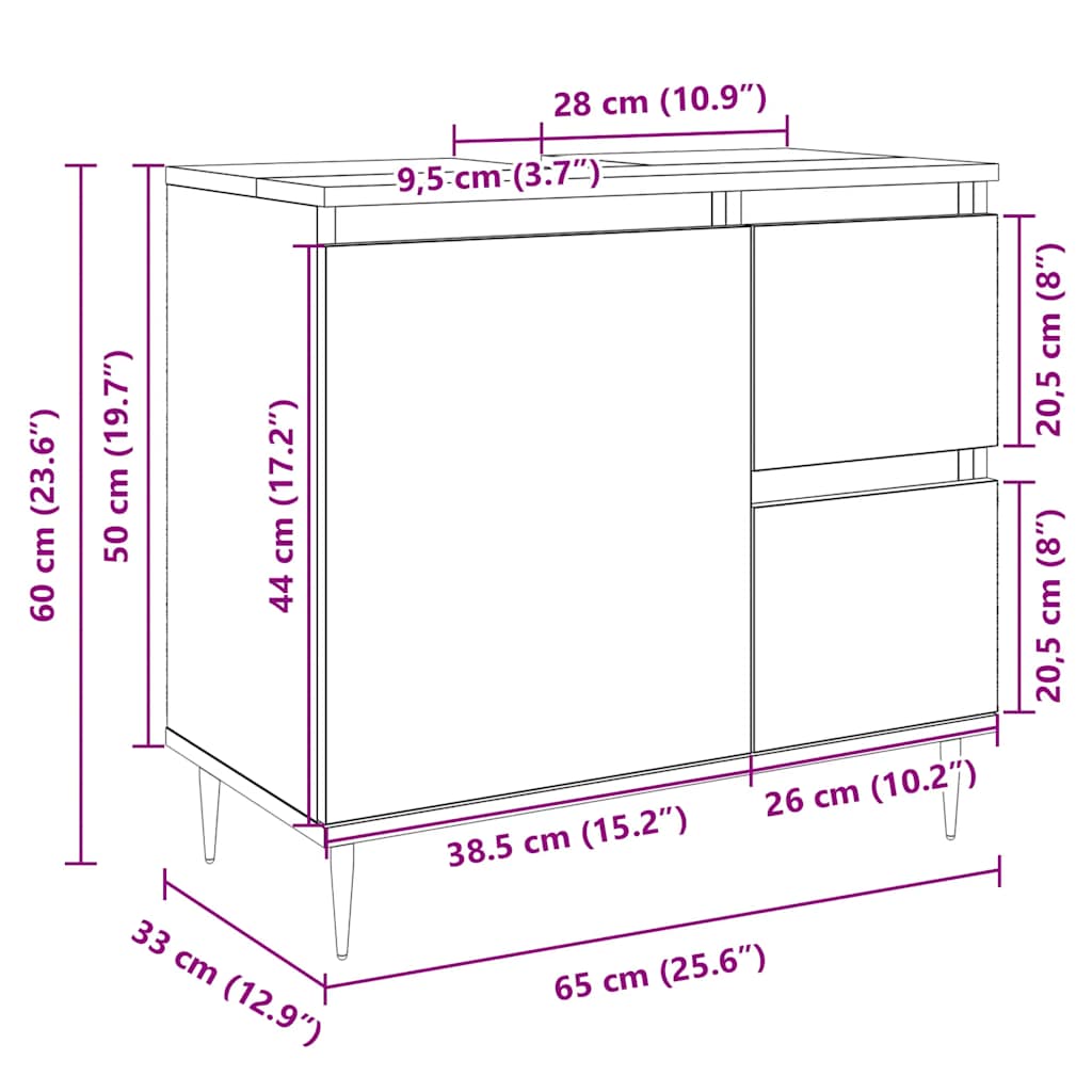 Armario de lavabo de baño madera roble Sonoma 65x33x60 cm