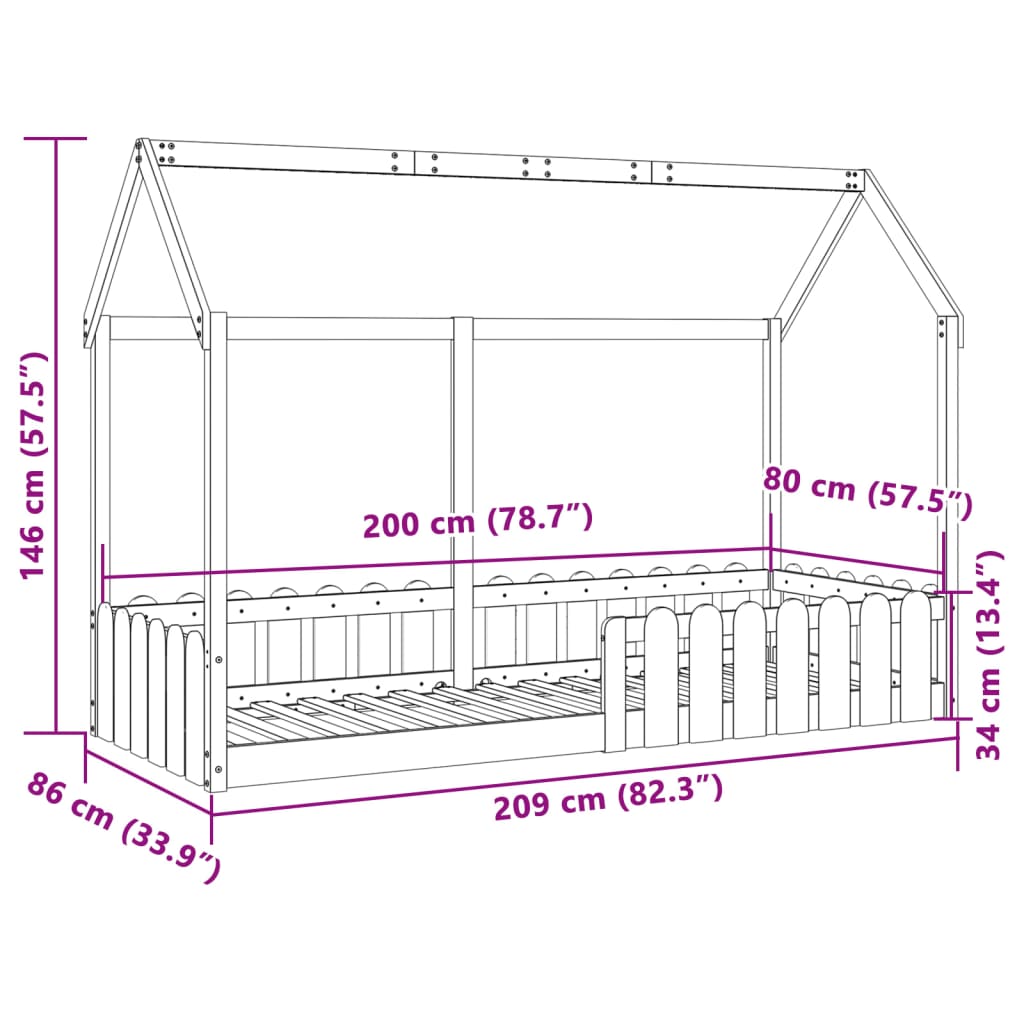 Cama con forma de casa de niños madera maciza blanca 80x200 cm