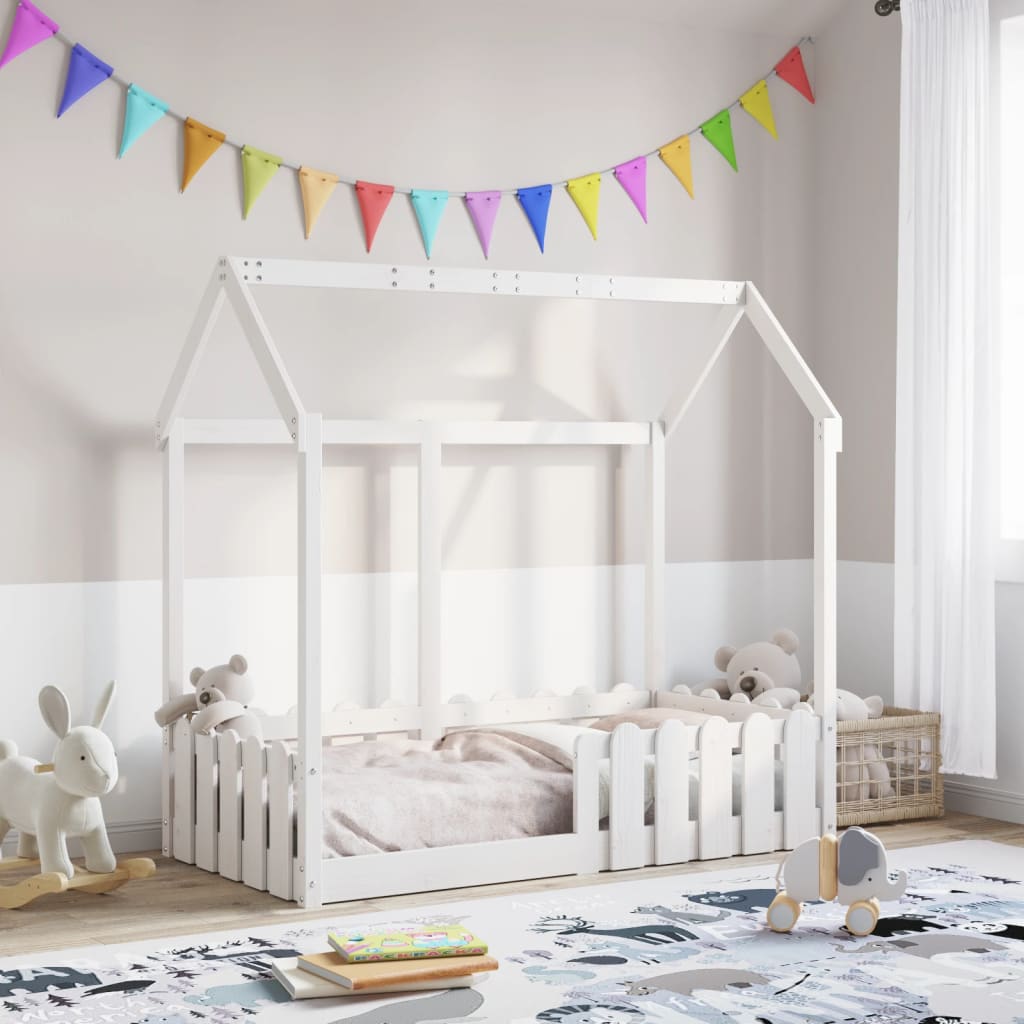 Cama con forma de casa de niños madera maciza blanca 80x200 cm