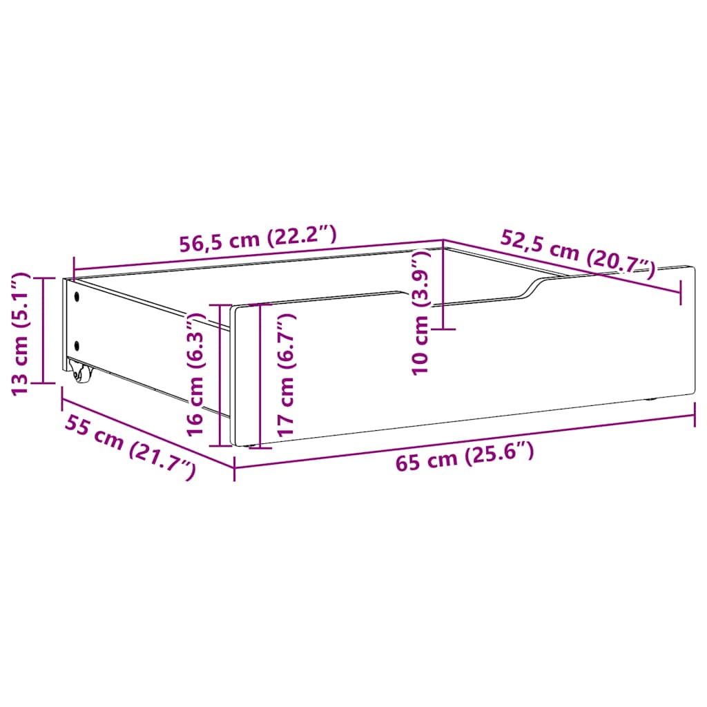 Cajones debajo cama 2 uds madera maciza pino blanco 65x55x17 cm