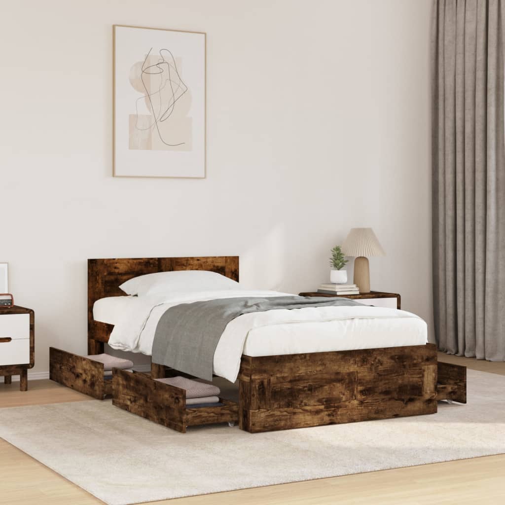 Cama con cabecero madera de ingeniería gris hormigón 150x200 cm