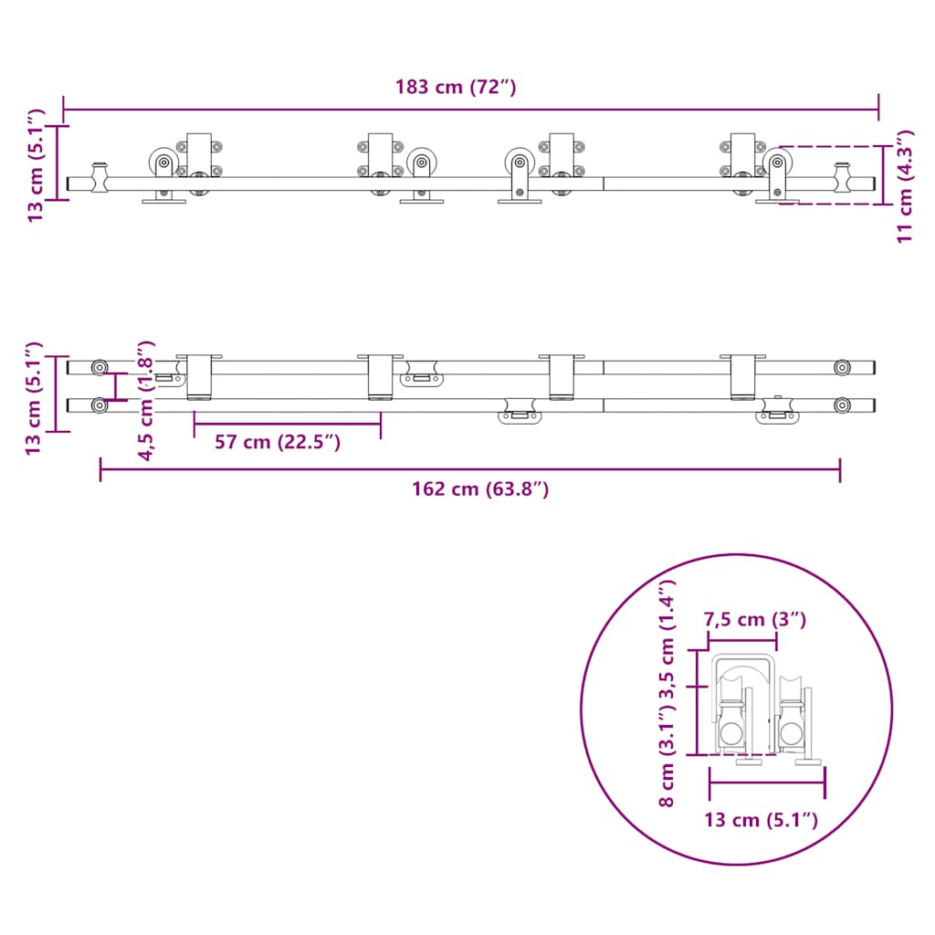 Kit de herrajes para puerta corredera 183 cm acero plateado