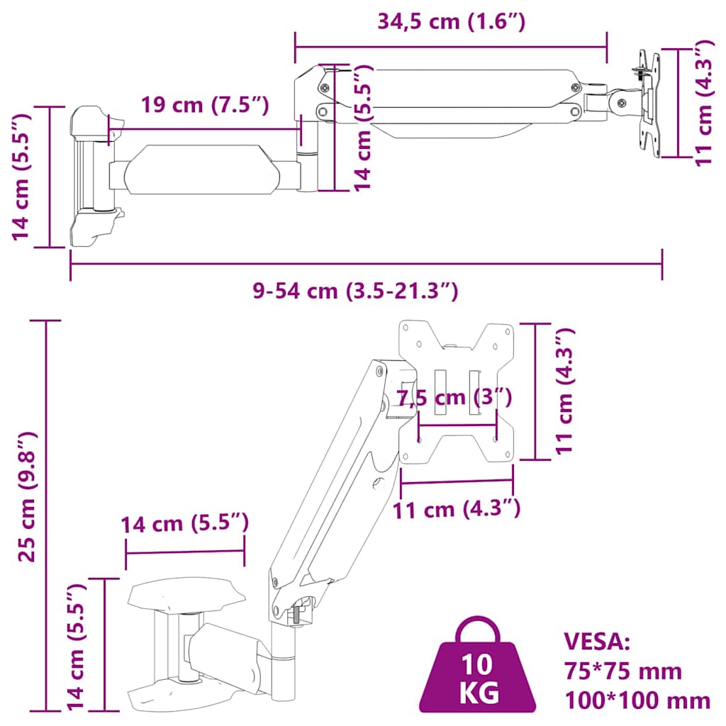 Soporte de pared para monitor máximo 27'' resorte de gas 10 kg