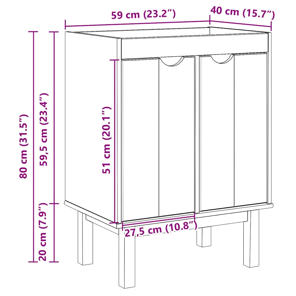Mueble de lavabo de baño OTTA madera maciza de pino 59x40x80 cm