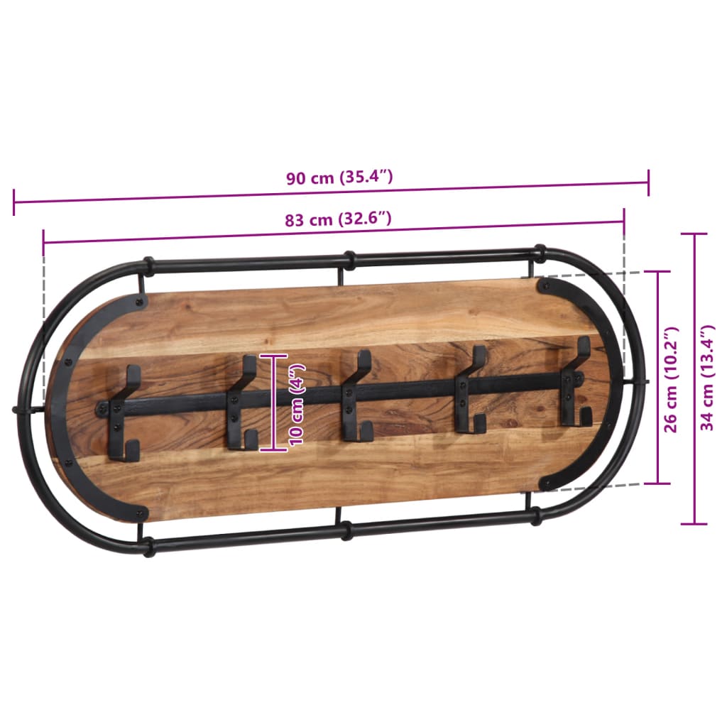 Perchero de pared con 5 ganchos madera maciza de mango