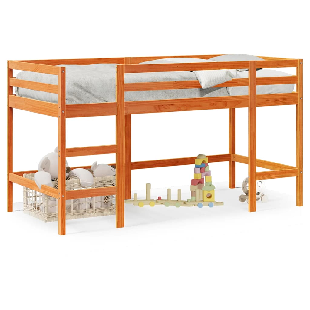 Cama alta de criança com escada, madeira maciça castanha 80x200 cm