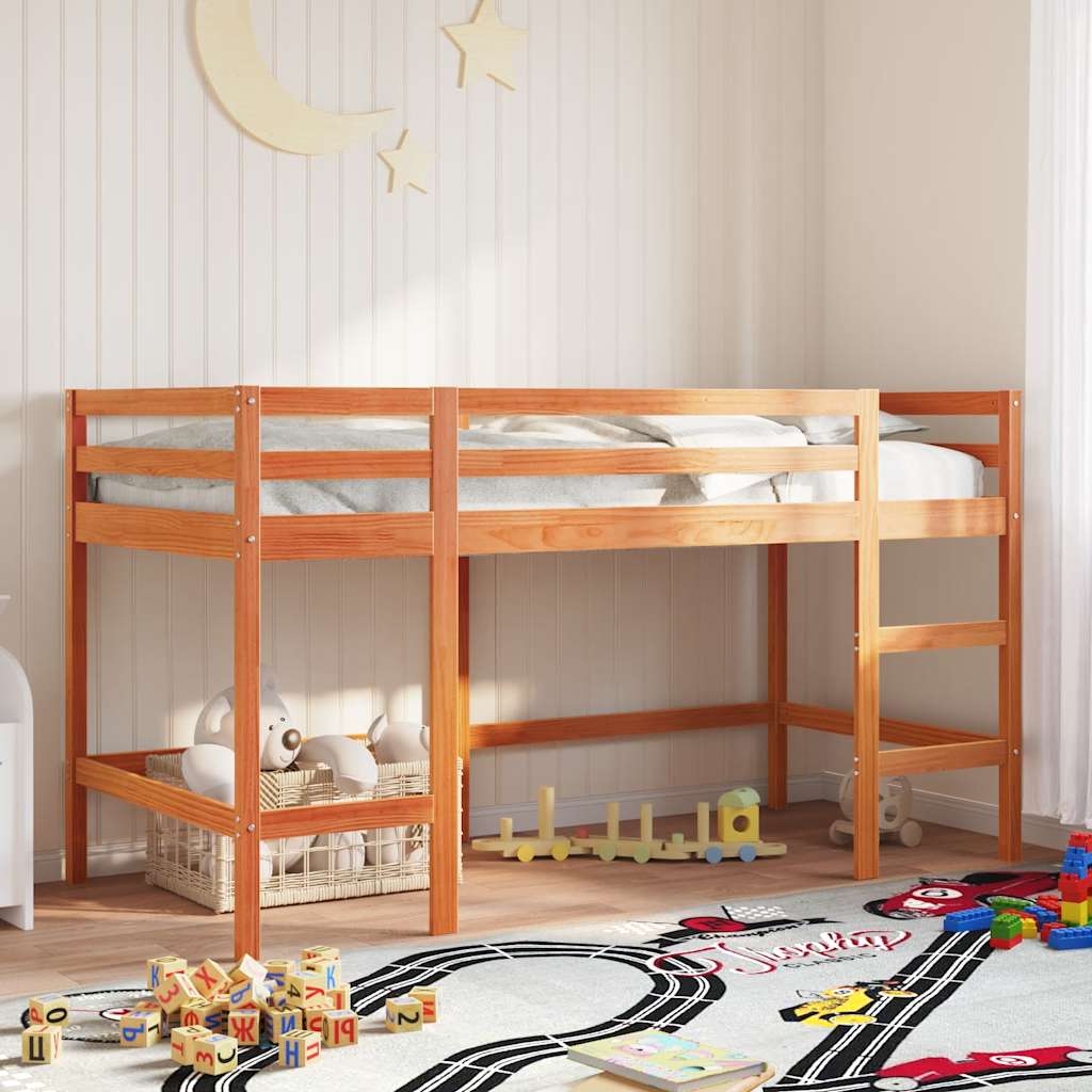 Cama alta de criança com escada, madeira maciça castanha 80x200 cm