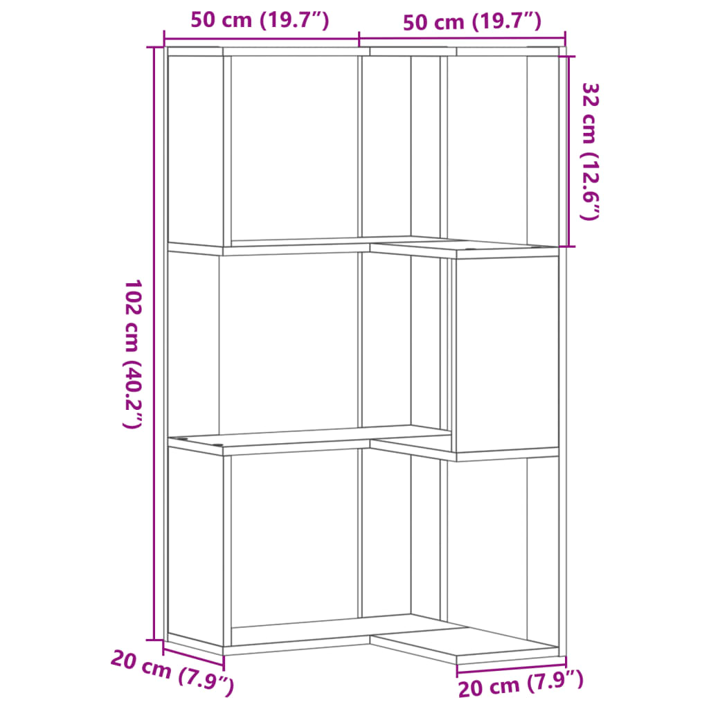Estantería de esquina 3 niveles madera blanco 50x50x102 cm
