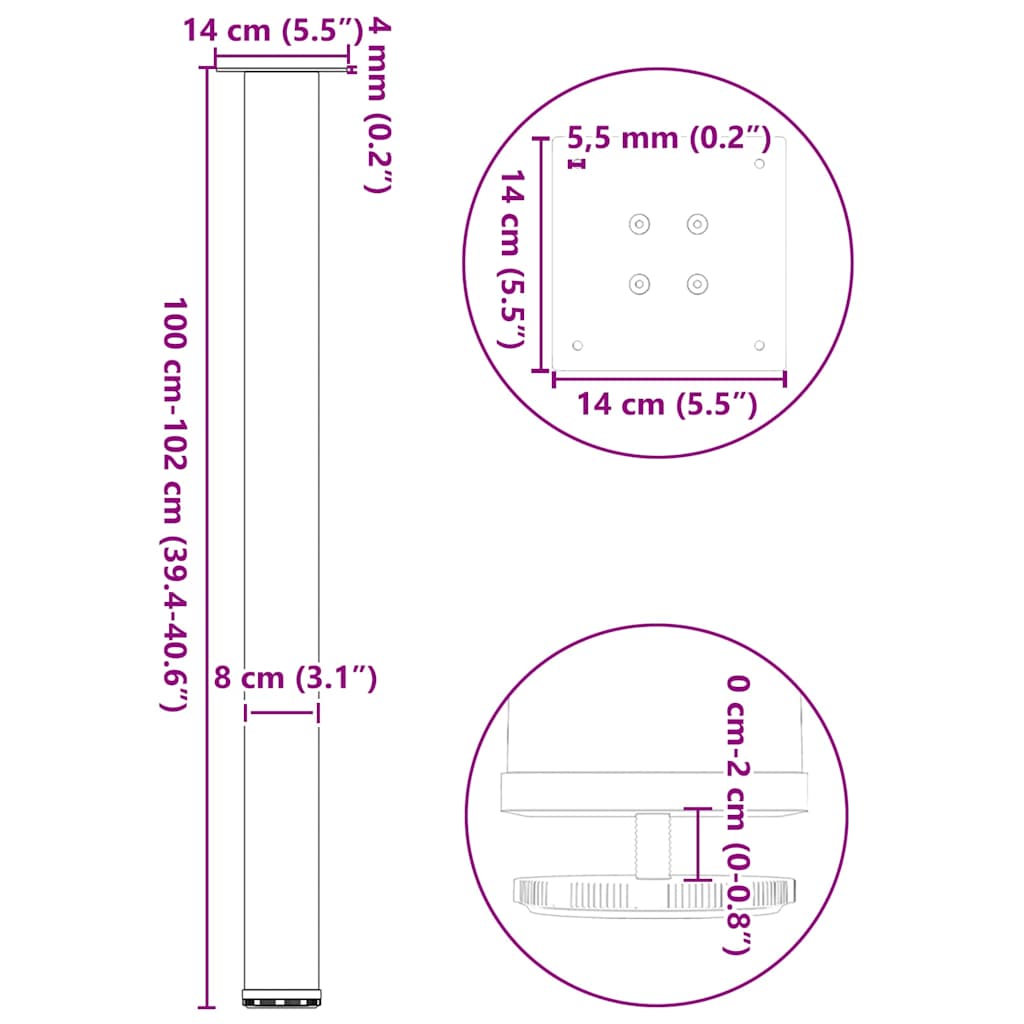 Patas para mesa de bar (4 unidades, antracita, 100-102 cm, acero)