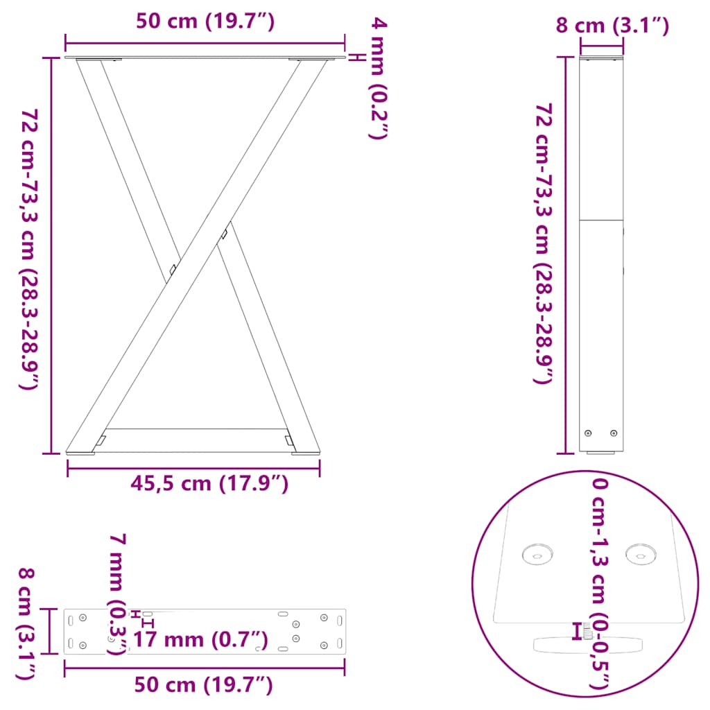 Patas para mesa de comedor (2 unidades, acero natural, 50 x 72-73,3 cm)