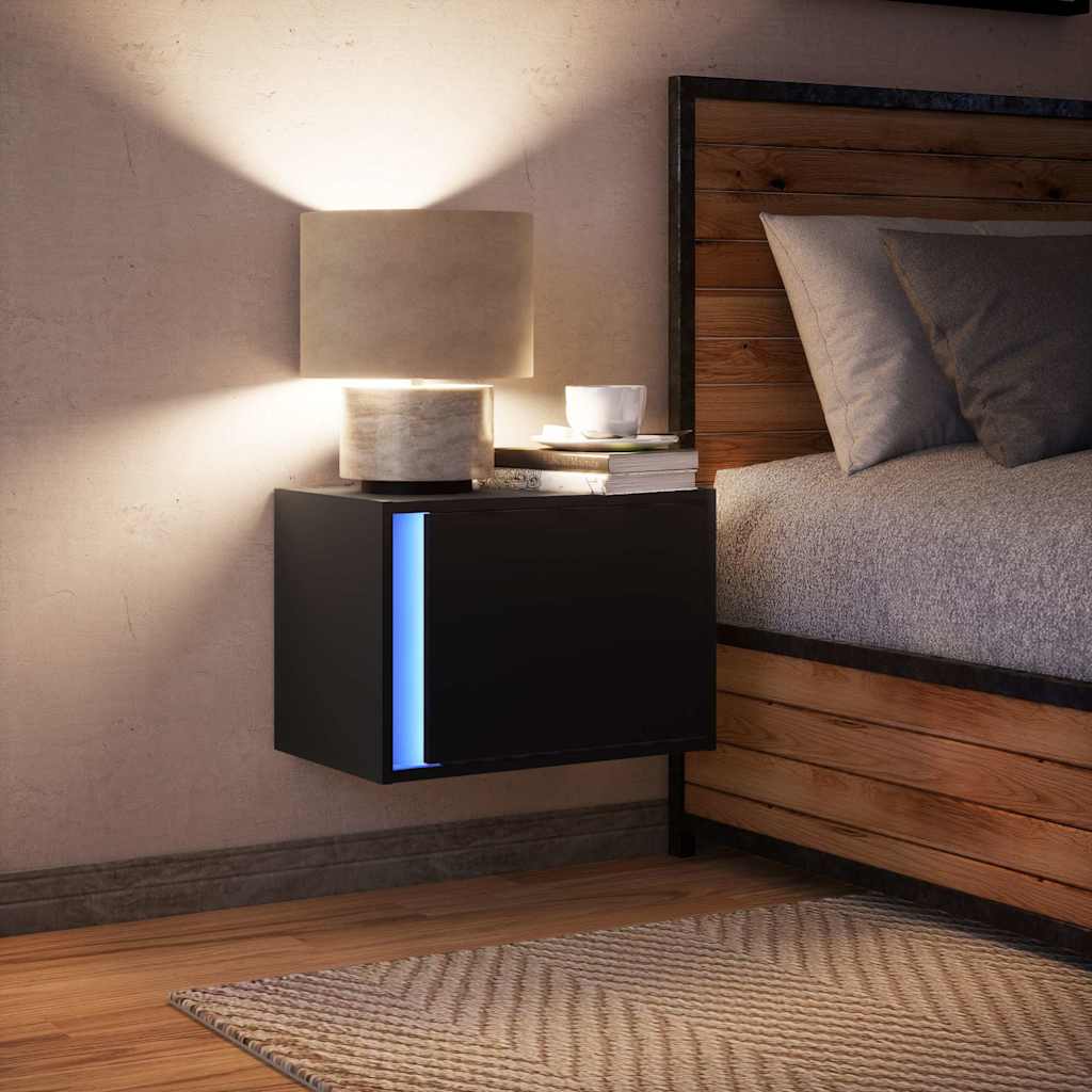 Mesita de noche de pared con luces LED negro