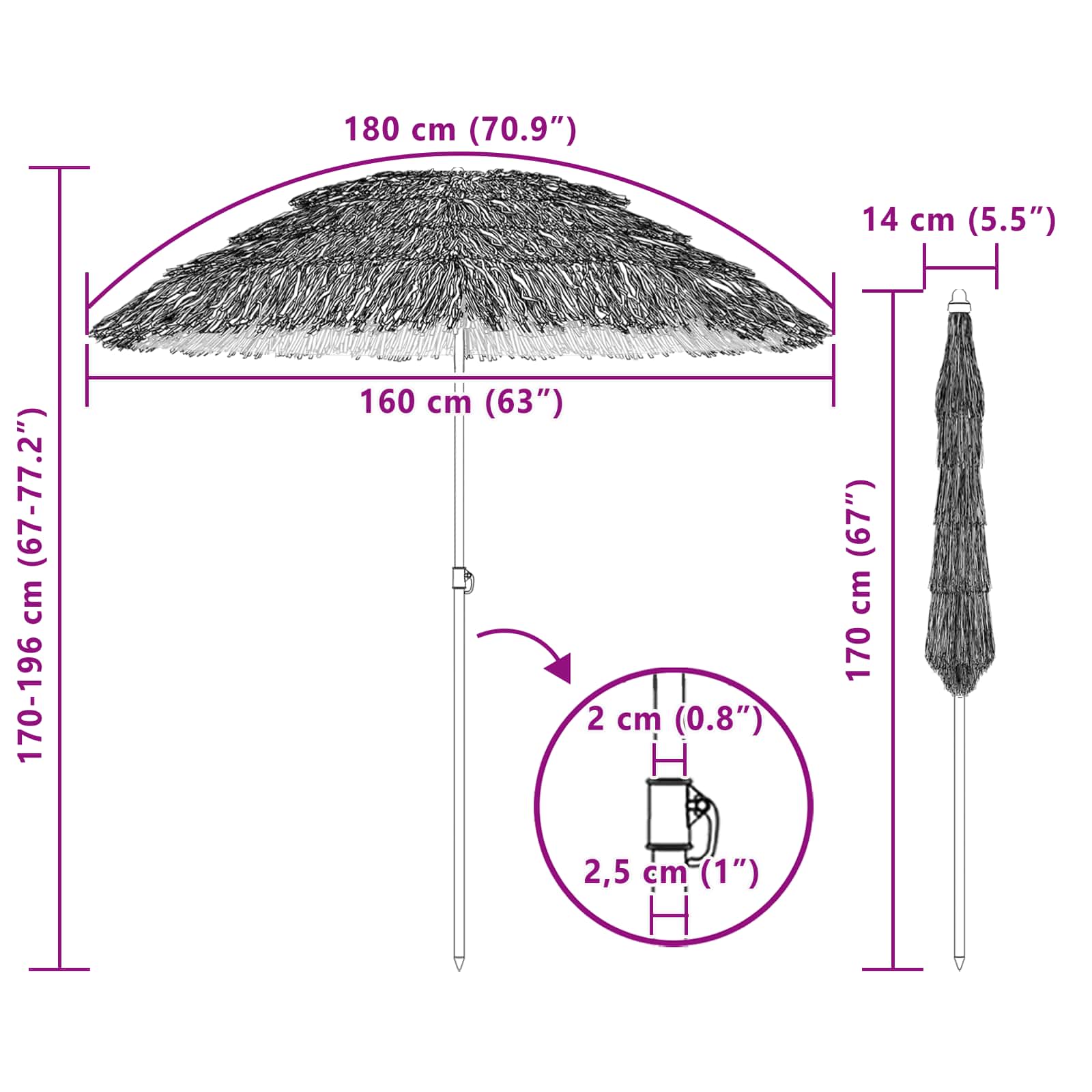 Parasol de playa Natural 160 x 160 x 196 cm Poliéster y Acero