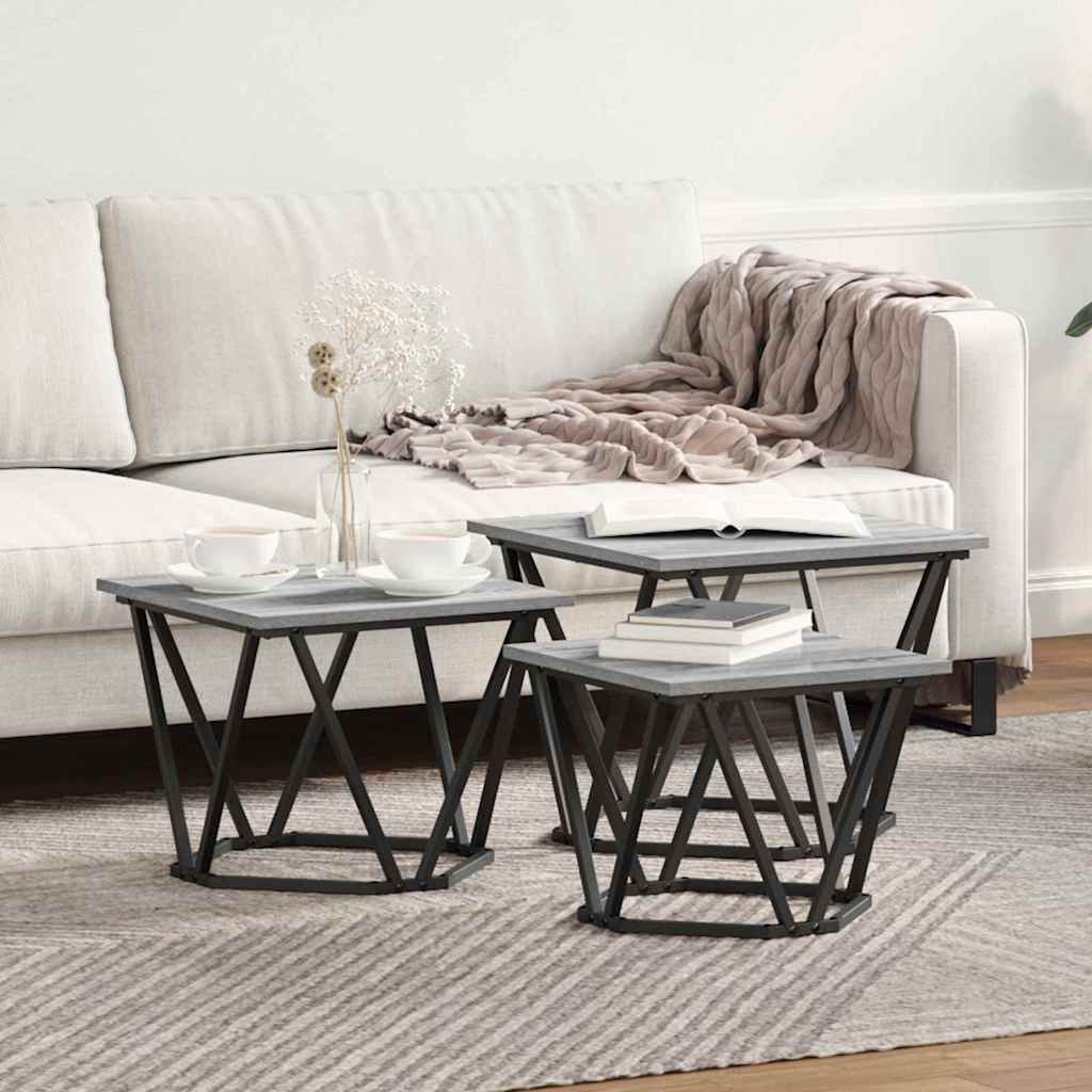 Mesa de Café 3 pcs Gris Sonoma Madera Ingenierizada y Acero