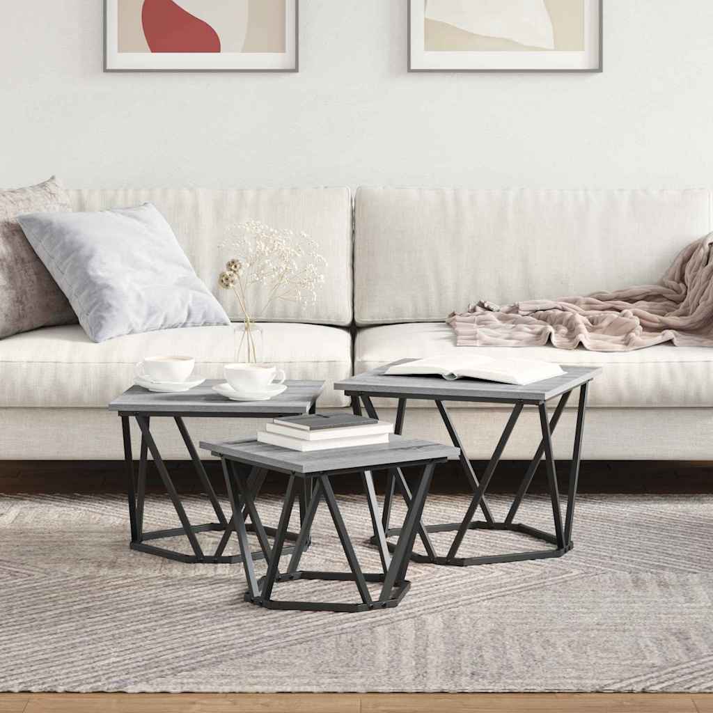 Mesa de Café 3 pcs Gris Sonoma Madera Ingenierizada y Acero