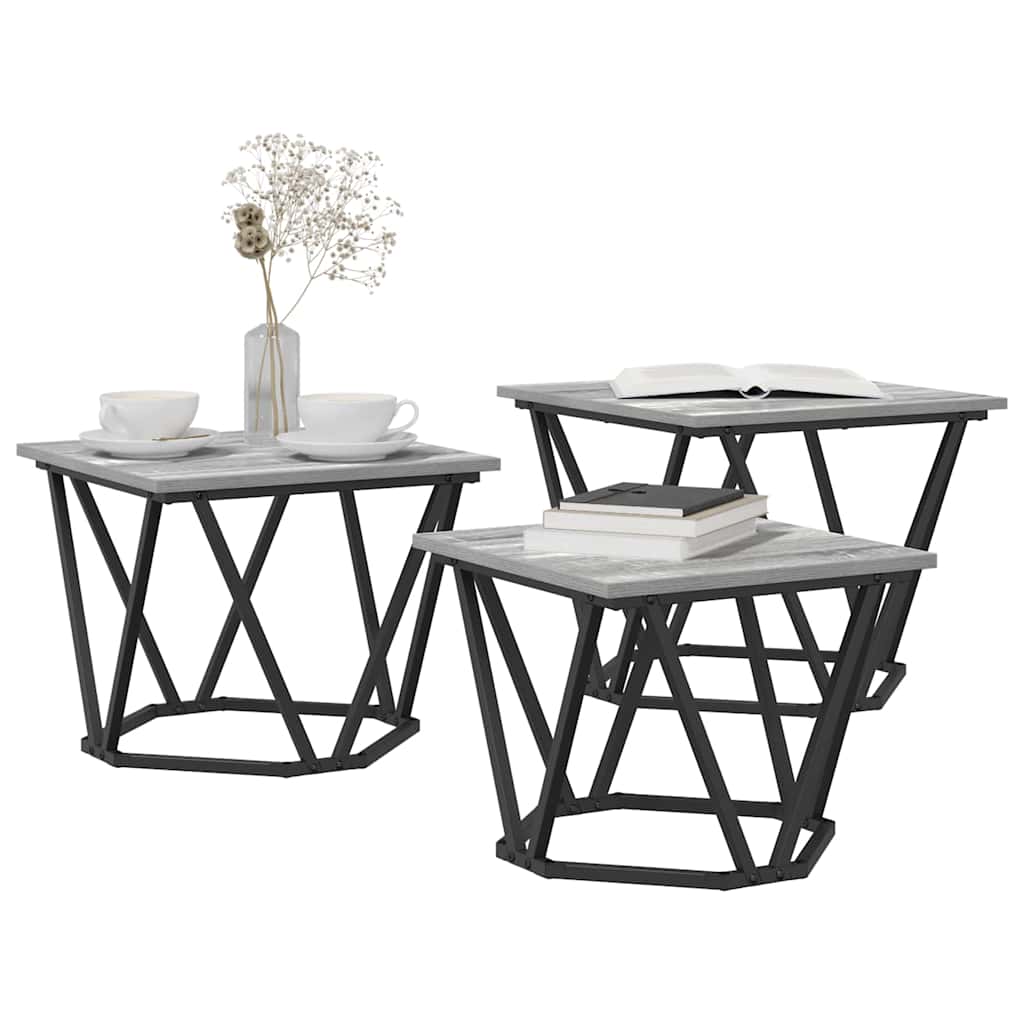 Mesa de Café 3 pcs Gris Sonoma Madera Ingenierizada y Acero