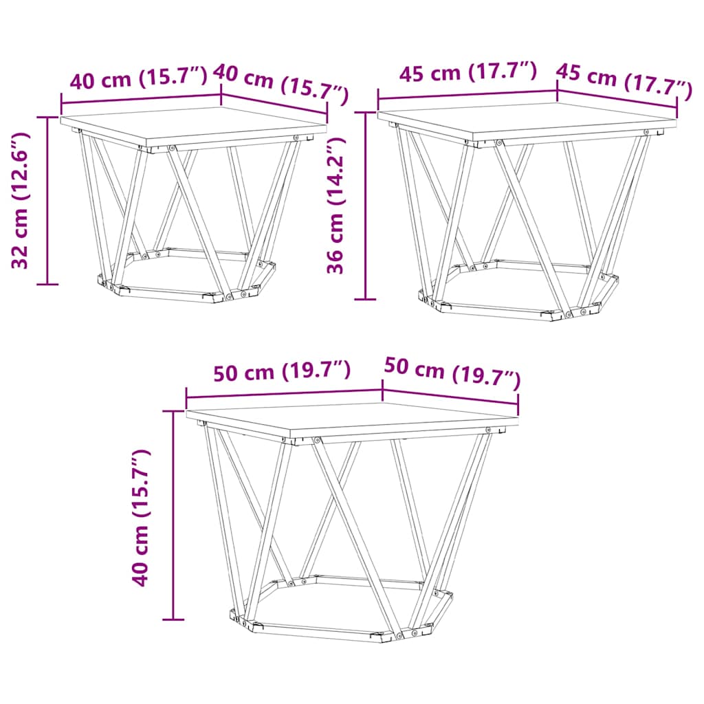 Mesa de Café 3 pcs Gris Sonoma Madera Ingenierizada y Acero