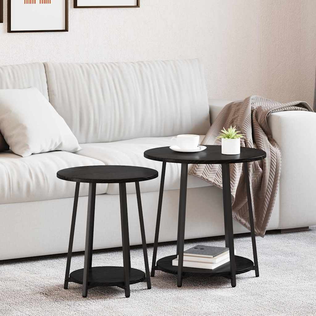 Set of 2 Side Tables, Distressed Wood and Black