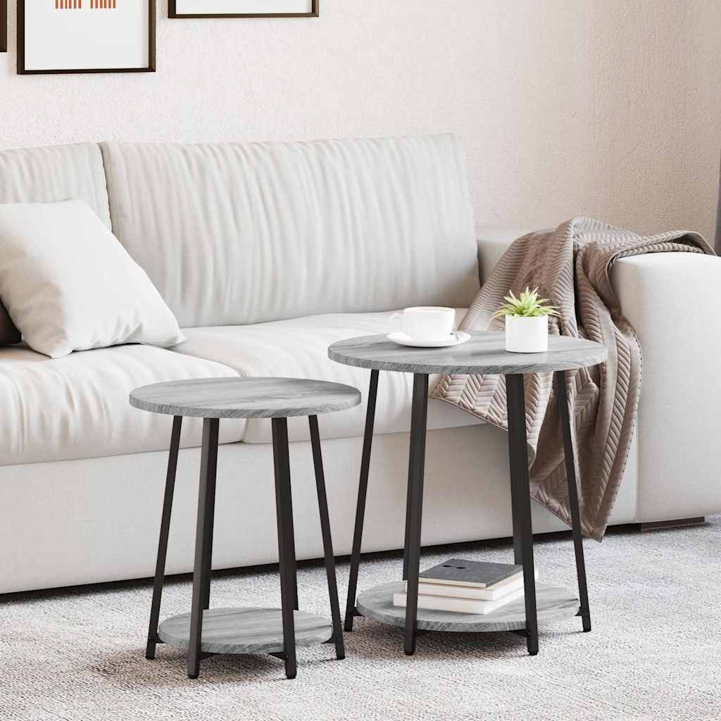 Set of 2 Side Tables, Distressed Wood and Black