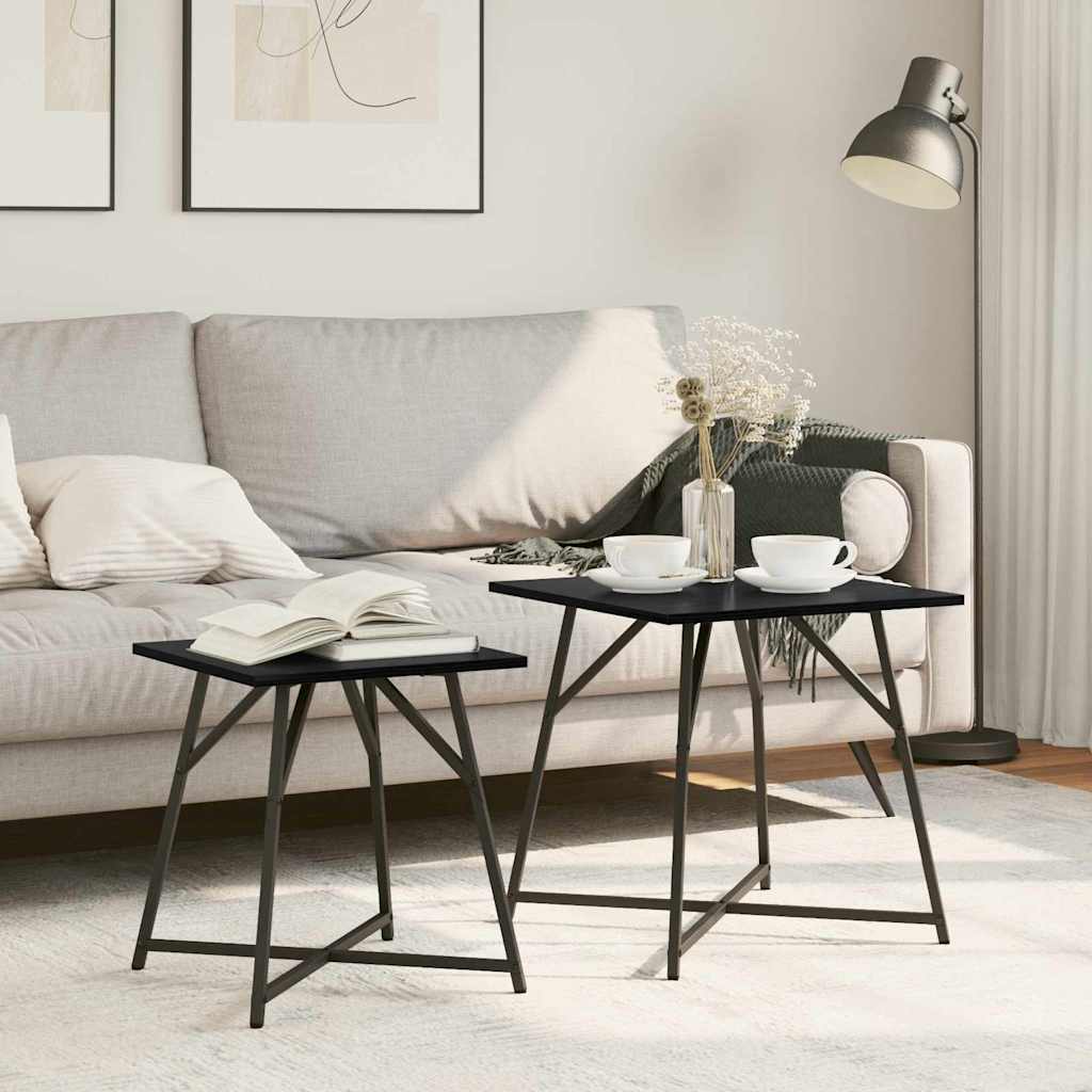 Set of 2 Side Tables Aged and Black Wood