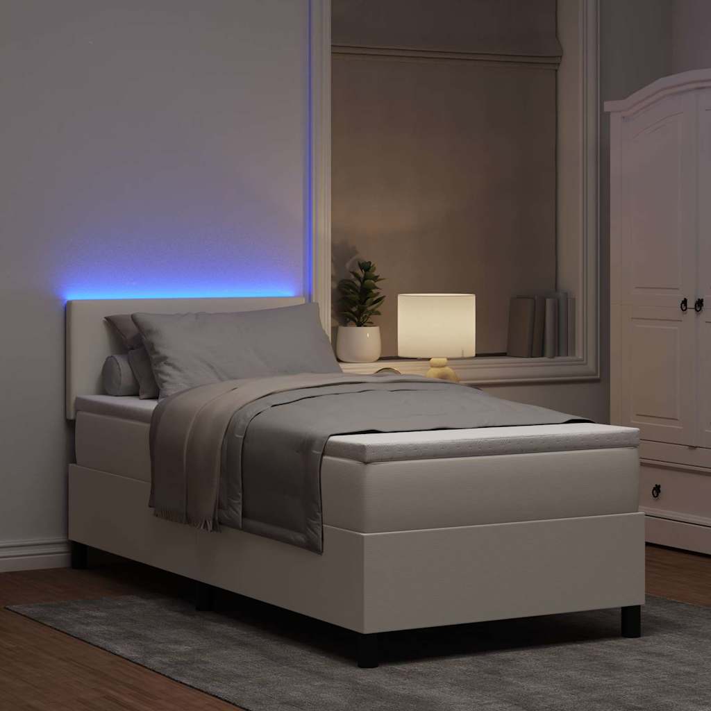 Cama Box Spring LED Crema y 100 x 200 cm Tela de Pana