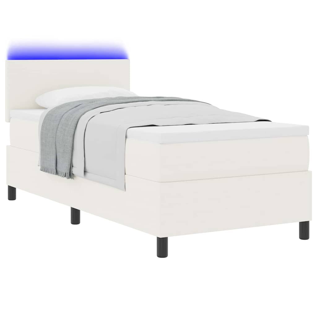 Cama Box Spring LED Crema y 100 x 200 cm Tela de Pana
