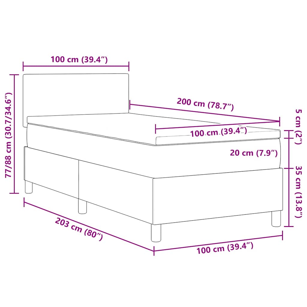 Cama Box Spring LED Crema y 100 x 200 cm Tela de Pana