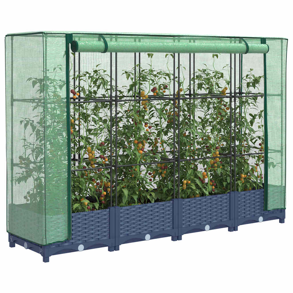 Jardinera elevada con cubierta de invernadero aspecto ratán 120x40x123 cm