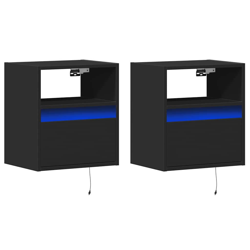 Mesitas de noche de pared con luces LED 2 unidades negro