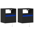 Mesitas de noche de pared con luces LED 2 unidades negro