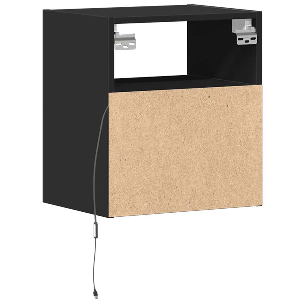 Mesitas de noche de pared con luces LED 2 unidades negro