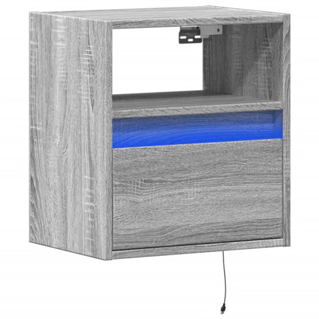 Mesita de noche de pared con luces LED gris Sonoma